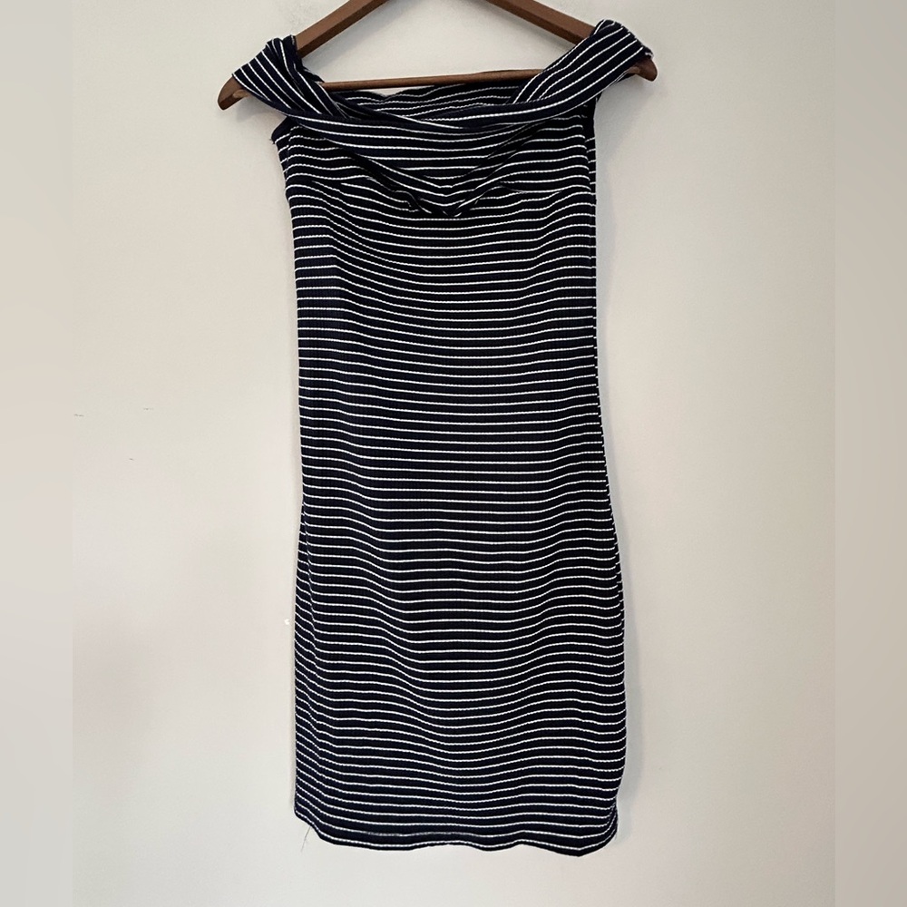NWT Sugar & Cream Navy White Striped Off-Shoulder Ribbed Knit Dress Size M